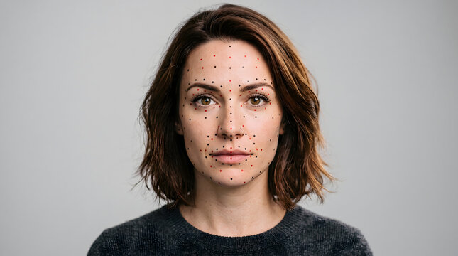 Portrait of a young woman with motion capture tracking dots on her face for biometric scanning and facial recognition technology.