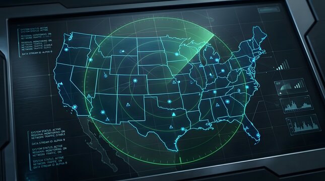 Futuristic digital map interface of the United States with radar overlay