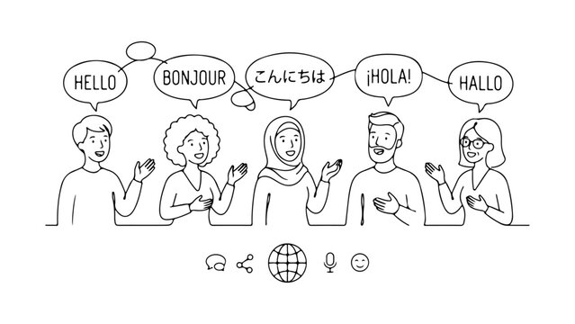 multicultural group greeting in multiple languages with speech bubbles representing global communication on white background