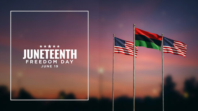 Juneteenth freedom day celebration with two american flags and a pan-african flag flying on poles against a colorful sunset sky with a white frame