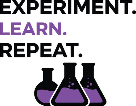 Experiment learn repeat text with purple science flasks