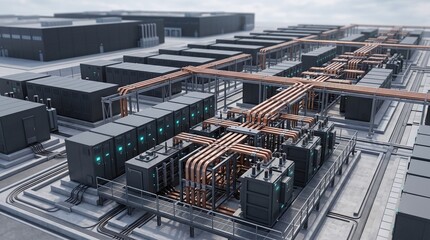 Fototapeta premium High angle isometric smart grid power management substation 3D illustration with copy space