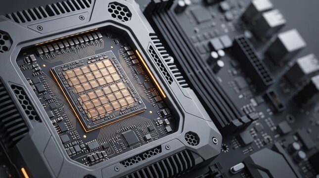 Enterprise AI inference processor board with titanium grey casing 3D illustration with copy space