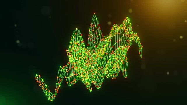 Cinematic camera animation revealing a wavy neural network shaped as Morocco with glowing green, yellow, and orange nodes, soft bokeh background, and Connected Intelligence text appearing dynamically.