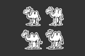 Fototapeta premium Four funny cartoon camel characters with expressive faces and distinct poses drawn in a clean black and white line art style