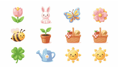 Fototapeta premium Spring Vector Icon Set | 3D Spring Icons Collection | Flower, Rabbit, Butterfly, Bee, Sprout, Picnic Basket, Clover, Watering Can & Sun