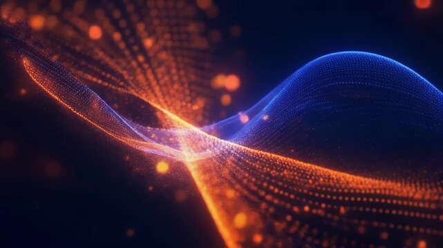 Abstract digital wave mesh with glowing orange and blue particles