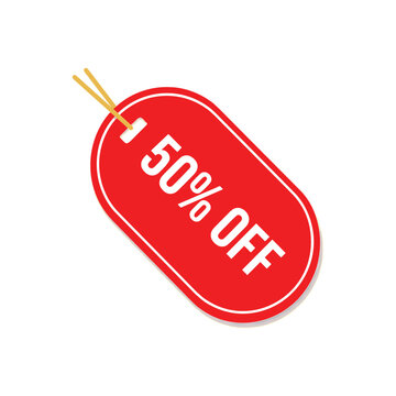 Red 50 percent off sale tag vector, promotional discount price label with string, half price offer sticker for retail marketing and shopping