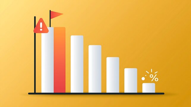 Bar chart illustrating a significant decline in business performance while featuring a warning alert and a flag marker.