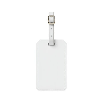 Blank white luggage tag with leather strap on gray background
