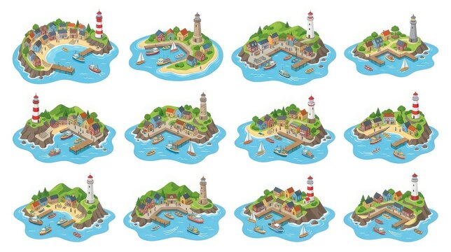 Isometric coastal town illustrations with lighthouses and harbors