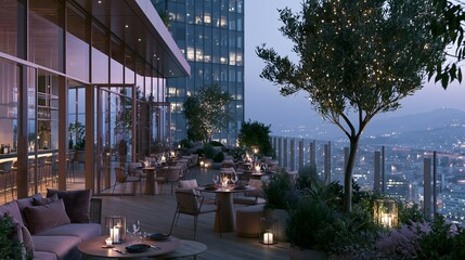 Luxurious modern rooftop restaurant and bar with panoramic city skyline views at twilight. Elegant outdoor dining terrace featuring warm ambient lighting, stylish furniture, lush green plants, and a © Virtual backgrounds