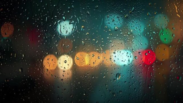 Abstract Background Featuring Cinematic Raindrops on Glass Window with Blurry Multi-Colored City Traffic Lights at Night
