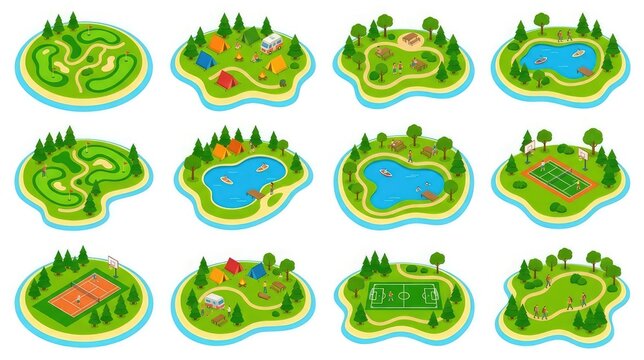 Outdoor recreational activities and sports on various island landscapes