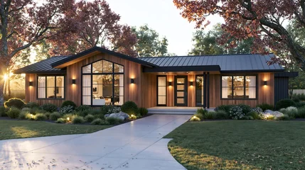 Fotobehang Bospad Modern single-story home, warm wood siding, black metal roof, large windows. Golden hour light, exterior sconces create luxurious, inviting residential architecture, ideal for real estate, home  © Virtual backgrounds