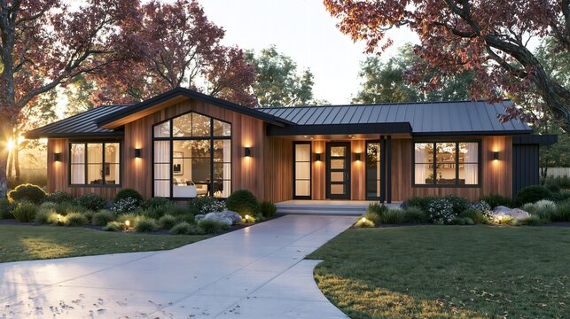 Modern single-story home, warm wood siding, black metal roof, large windows. Golden hour light, exterior sconces create luxurious, inviting residential architecture, ideal for real estate, home