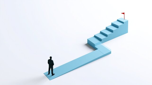 Minimalist clean 3D render of solitary back view man standing at base of light blue zigzag block pathway, alternating ramp and flat surface steps ascending upper right