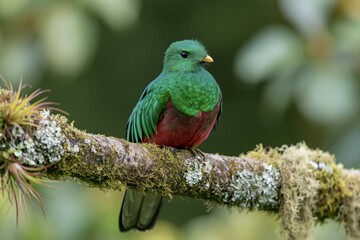 Fototapeta premium The Emerald Green Bird Perched on Mossy Branch in Lush Forest