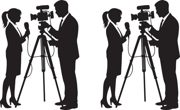 Silhouette journalists filming interview with camera crew