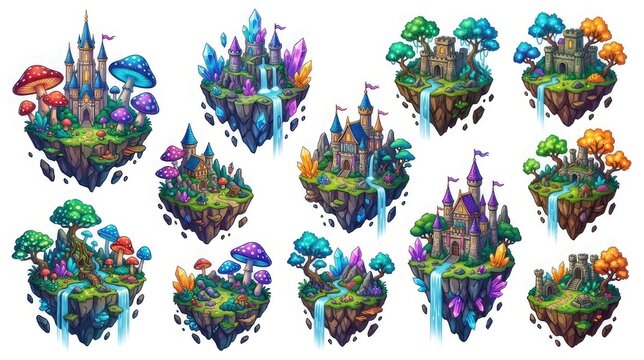 Whimsical fantasy castle landscapes with mushrooms and crystals