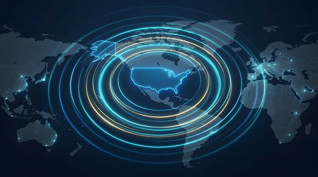 Digital world map with glowing concentric circles over United States