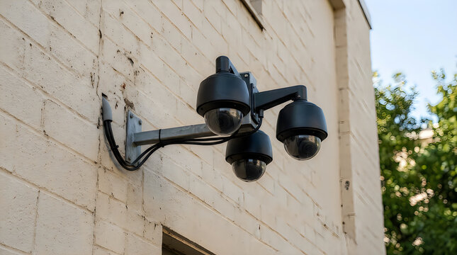 Security surveillance cameras mounted on a textured brick wall for monitoring public safety areas.