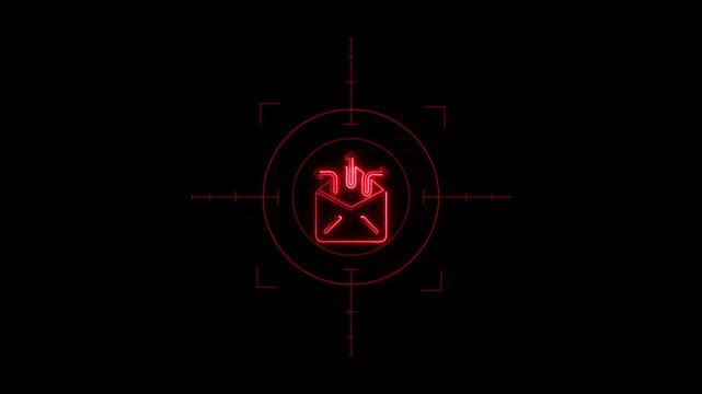 Neon glowing email envelope with spreading outbound arrows icon inside target scope on black background.