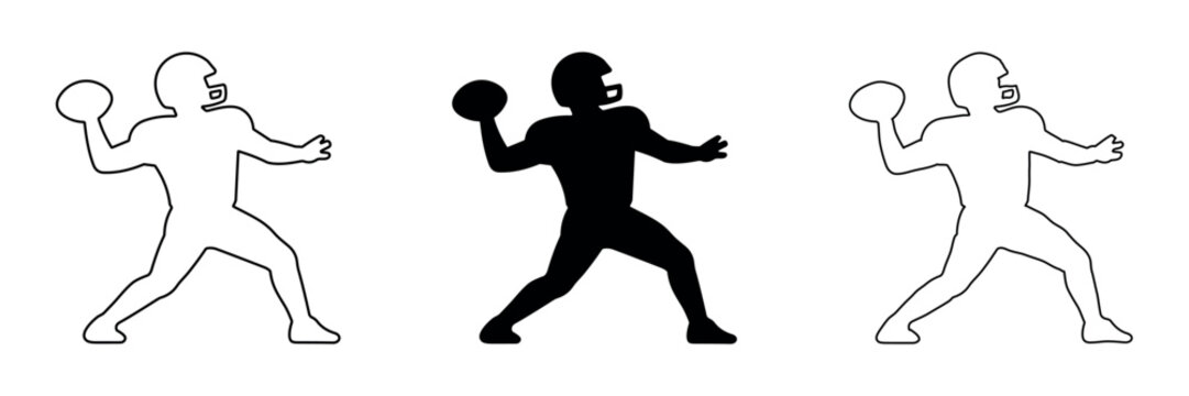 American football player throwing a pass in outline and solid silhouette styles