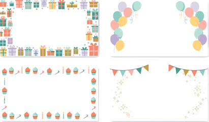 PrintDecorative Birthday Card Template Set with Gift Boxes Pastel Balloons Cupcakes and Festive Bunting Banners for Celebration Greetings and Invitation Designs © Sharmin