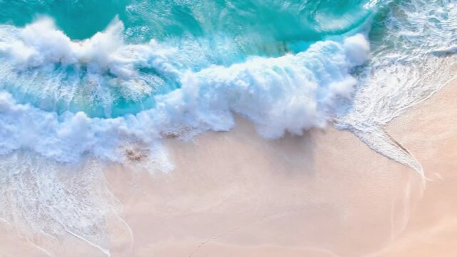 Stunning drone shot of turquoise sea waves rolling onto an empty tropical white sand shore