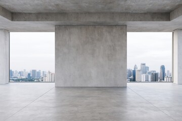 Obraz premium The Empty Concrete Room Framed by Large Windows Overlooking City Skyline