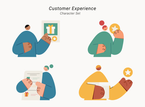 Flat design customer experience character set of 4 people holding gift cards, star rewards, documents, and loyalty items, representing customer experience and rewards. Perfect for retail and marketing