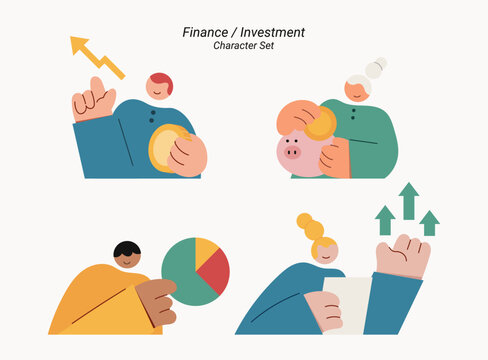 Flat design finance character set of 4 people holding coin, piggy bank, pie chart, and growth arrows, representing financial investment concepts.