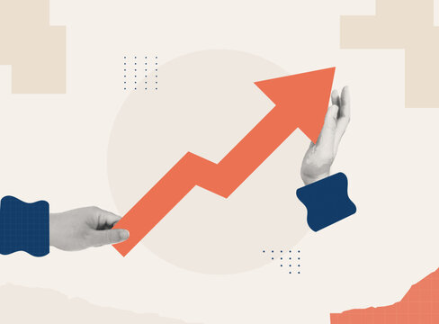 Trendy Halftone Collage of two hands lifting a bold orange upward growth arrow, representing driving business growth and success.