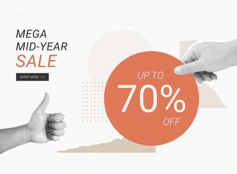 Trendy Halftone Collage sale banner featuring thumbs up and pointing hands with bold 70% off discount text, representing mega mid-year sale promotion.