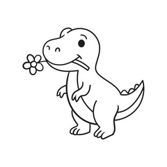 Fototapeta premium Cute cartoon dinosaur holding a flower in its mouth, black and white line art vector illustration for kids coloring page.