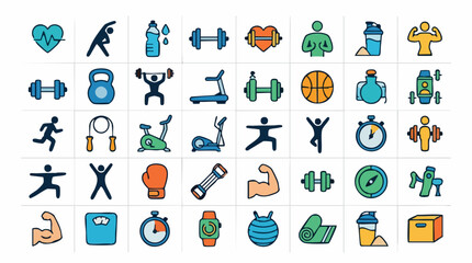 Fototapeta premium Fitness and Gym Exercise Icons Set with Workout Equipment and Sport Symbols
