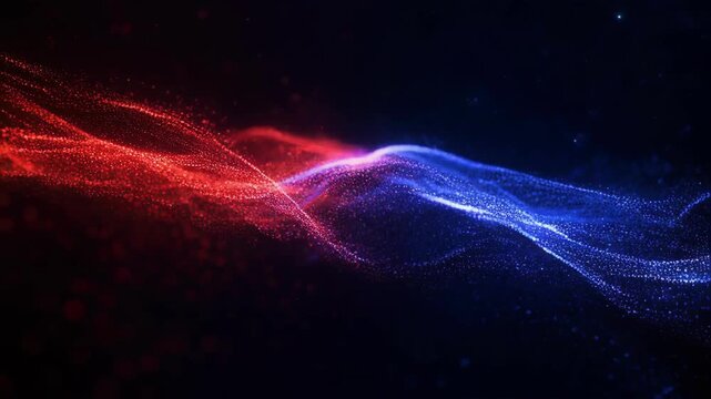Abstract digital waves composed of red and blue glowing particles crossing each other