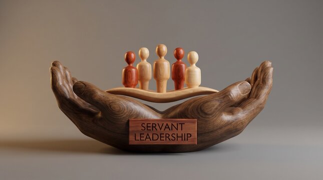 Wooden sculpture of cupped hands supporting a group of small figures, servant leadership concept