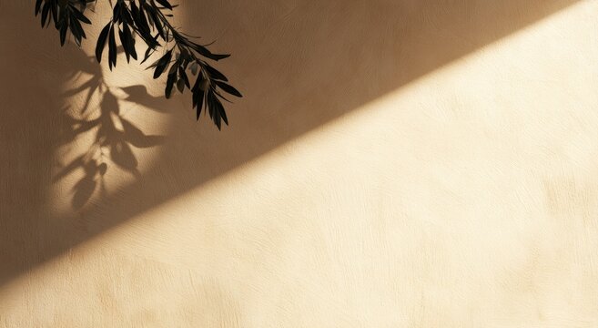 Delicate branch casts a dappled shadow across a textured, sunlit wall