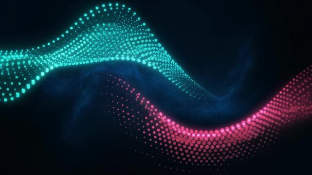 Abstract digital wave of blue and pink dots on dark background