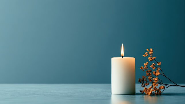 A single white candle burns beside a dried floral branch on a blue background