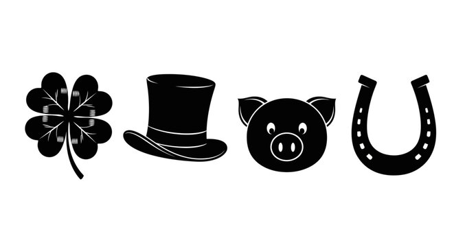 Lucky charms black silhouette icons, four leaf clover and horseshoe symbols, chimney sweep top hat and pig head vector set for New Year greeting cards