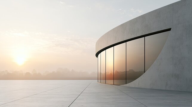 Minimalist concrete structure with expansive glass facade at sunrise