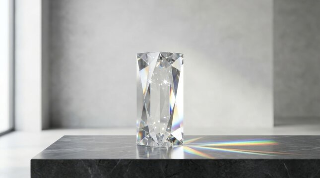 Crystal prism reflecting rainbow light on marble surface with abstract background.