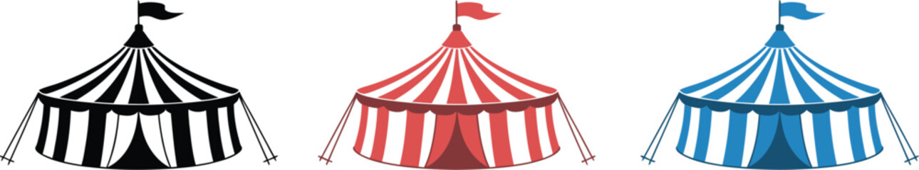 Circus tent icon set featuring big top carnival tents in flat, outline, and silhouette vector styles. © Golapi