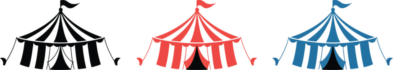 Circus tent icon set featuring big top carnival tents in flat, outline, and silhouette vector styles. © Golapi