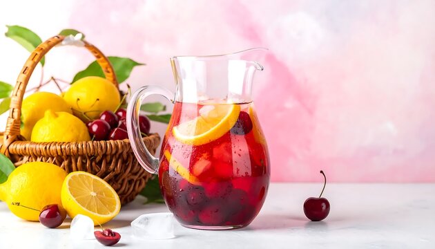 Fresh homemade fruit punch with lemons and cherries in a glass pitcher.