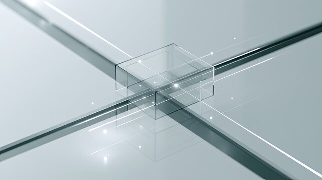 Abstract crystal cube intersected by glowing geometric lines on a light background