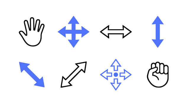 Modern vector icons with cursor, hand pointer, move, resize, and navigation controls for user interfaces.